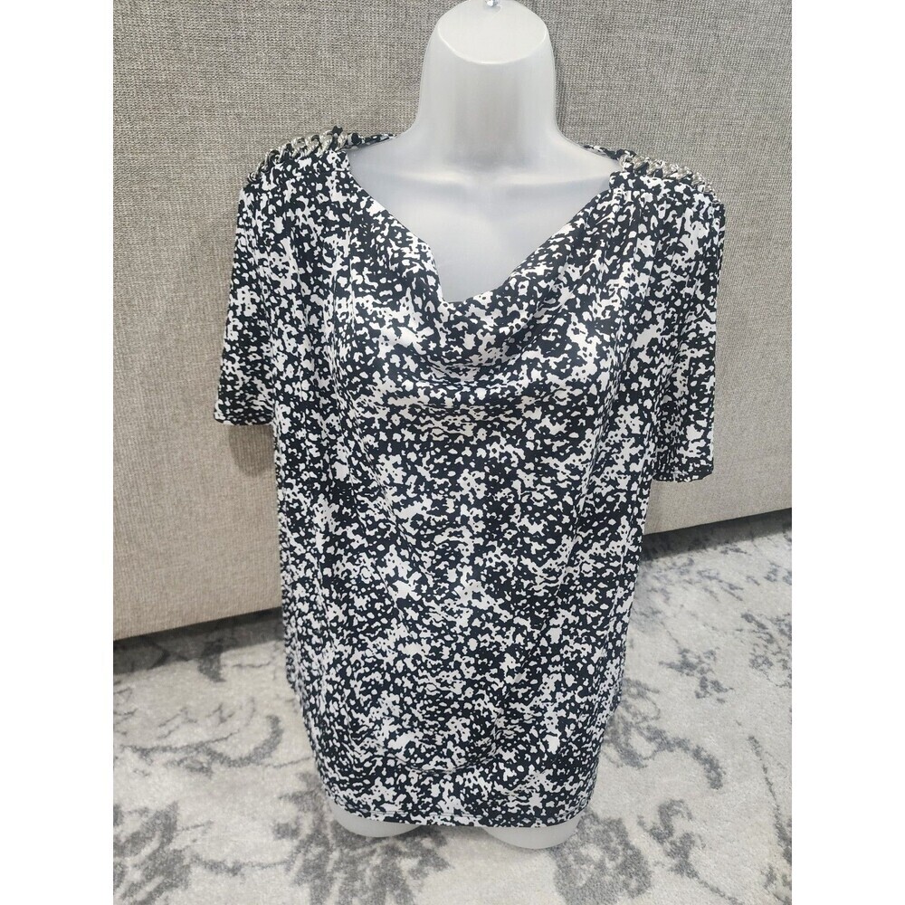 Elementz Shirt Womens 2X Black White Floral Print Short Sleeves Scoop Neck Top